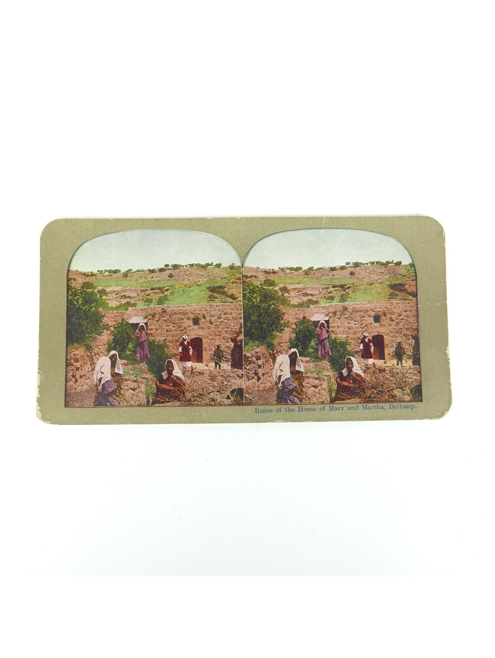 Vintage 1910 Color Litho Stereoview Card Ruins Home of Mary Martha Bethany Photo